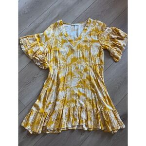 LABEL OF LOVE Yellow Tropical Leaf Print Ruffle Mini Dress Women's Small